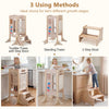 Foldable wooden toddler step stool in 3 configurations, ideal for kitchen use and child development activities.