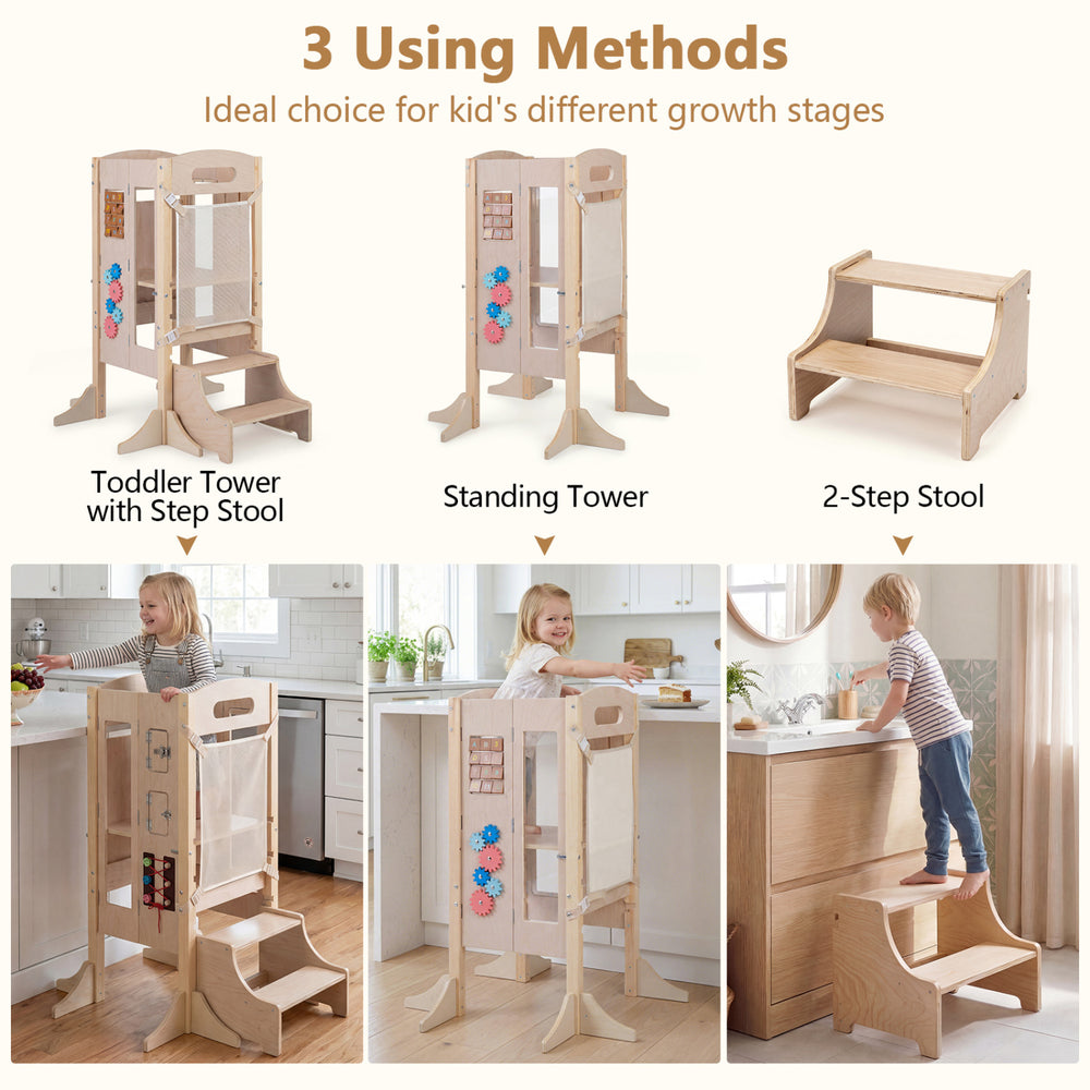 Foldable wooden toddler step stool in 3 configurations, ideal for kitchen use and child development activities.
