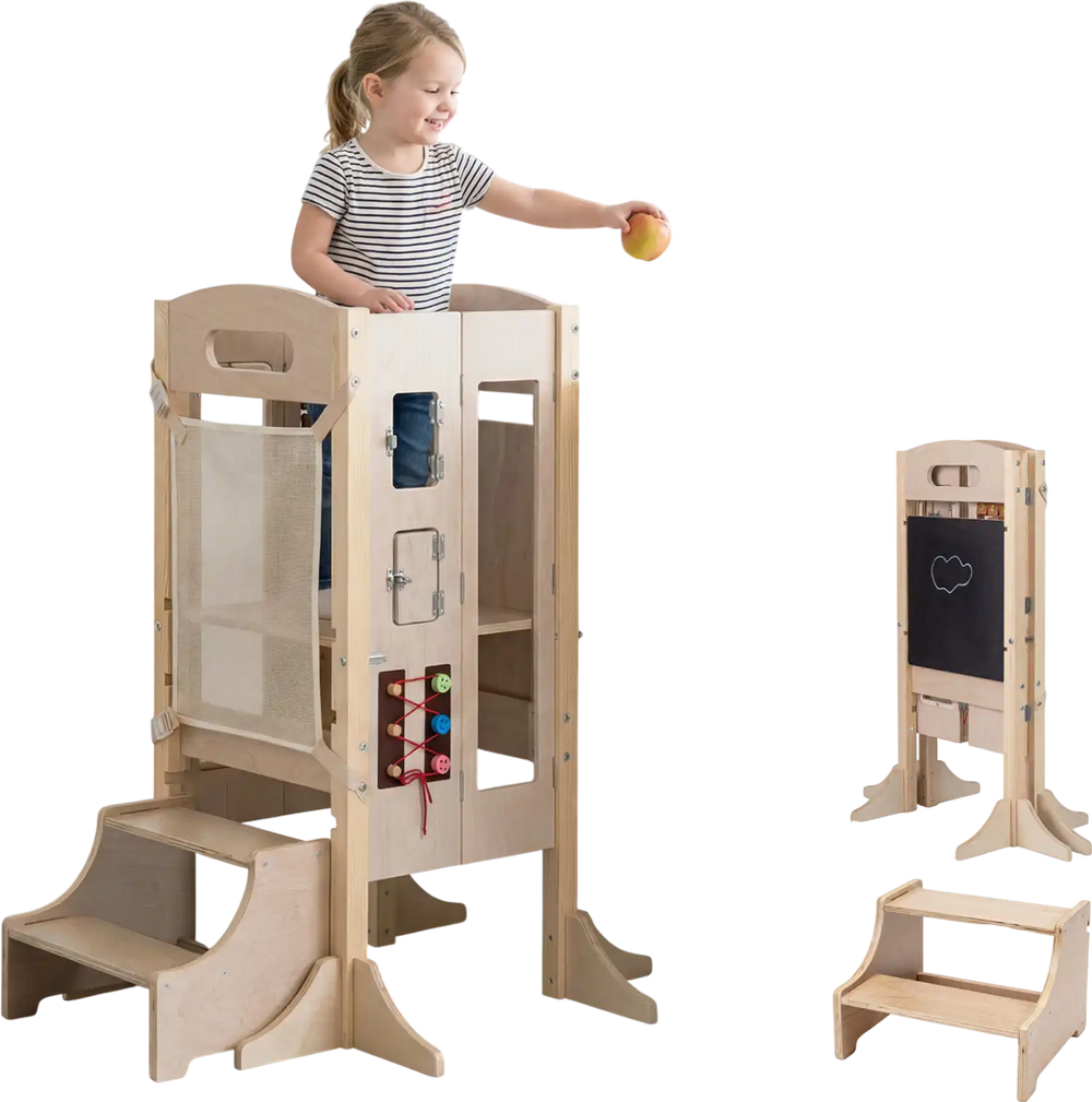 Foldable Toddler Step Stool Wooden Kitchen Standing Tower with 2-Step Stool