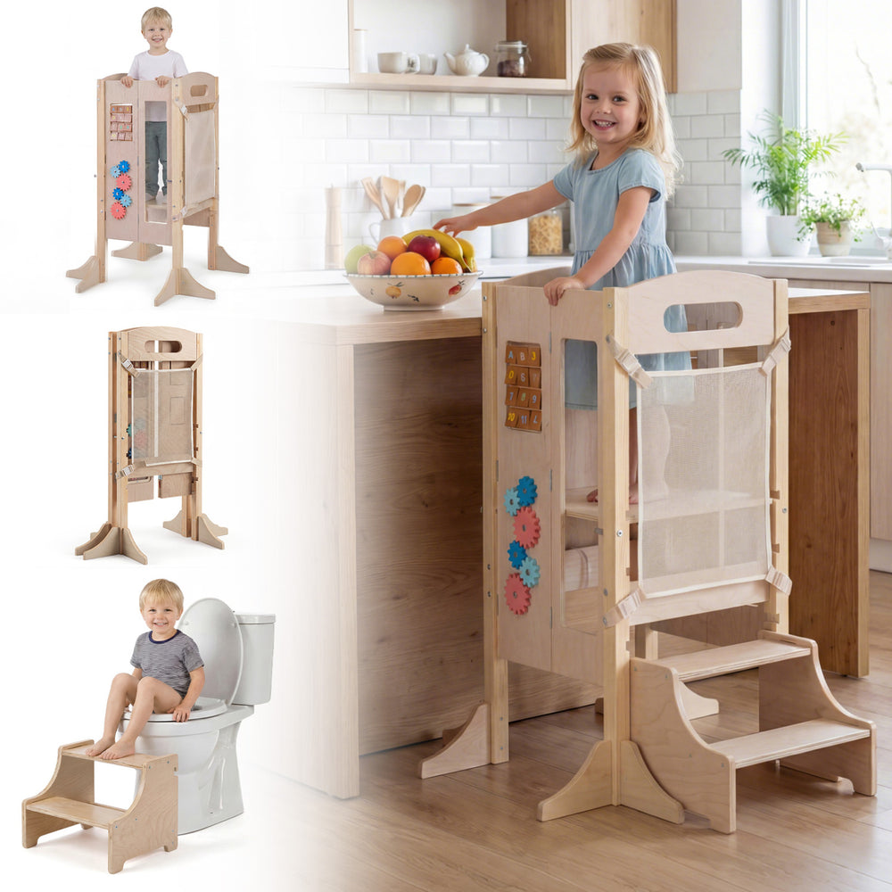 Foldable wooden toddler step stool with 2-step design, detachable chalkboard, ideal for kitchen activities and safety.