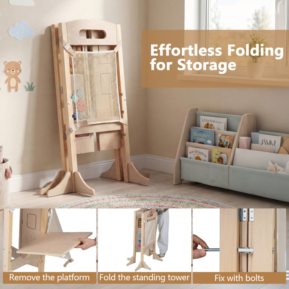 Foldable wooden toddler step stool with detachable chalkboard, designed for safe kitchen use and easy storage.