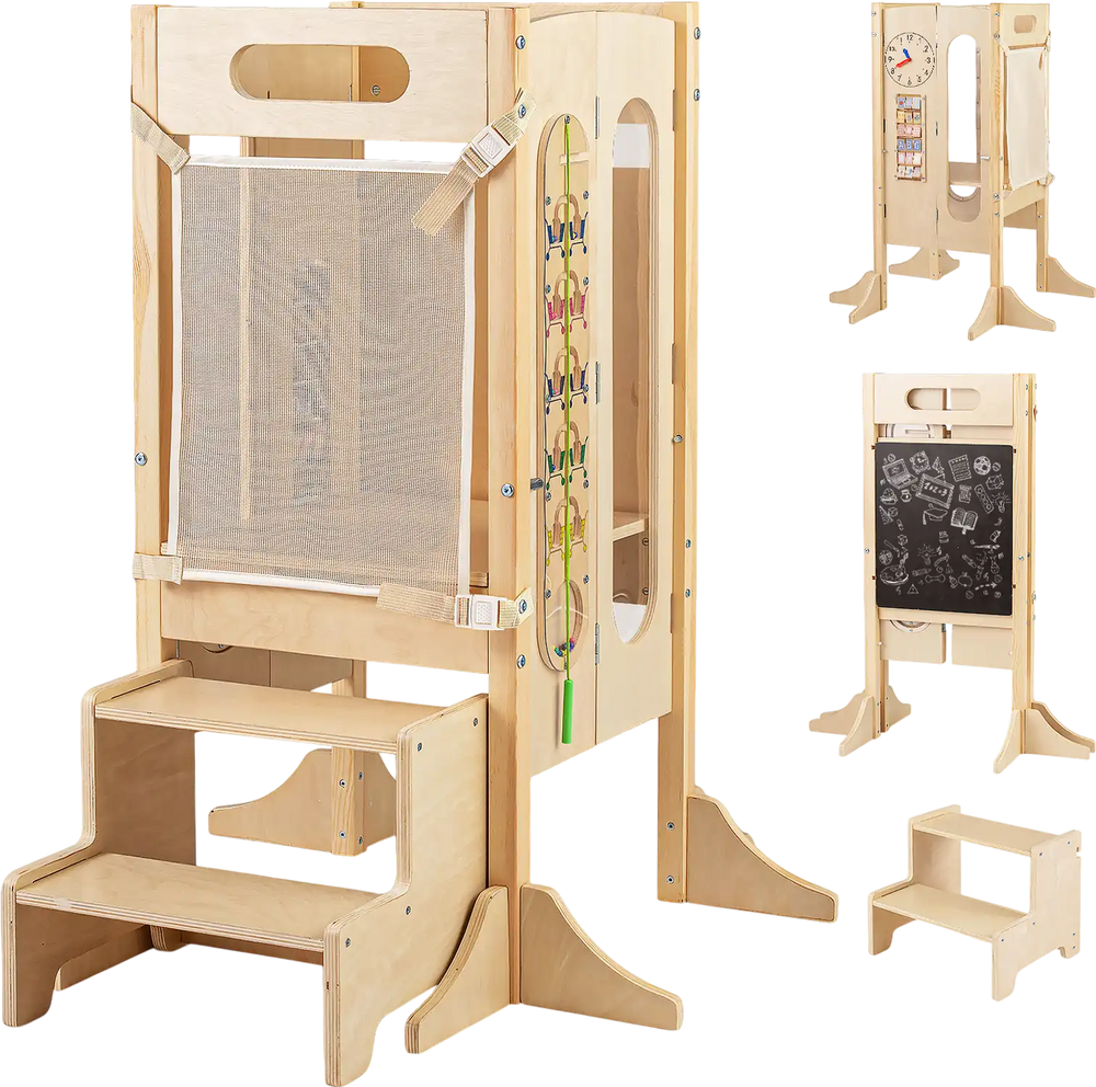 Foldable Toddler Tower with 2-Step Stool and Safety Net for 3+ Years Old