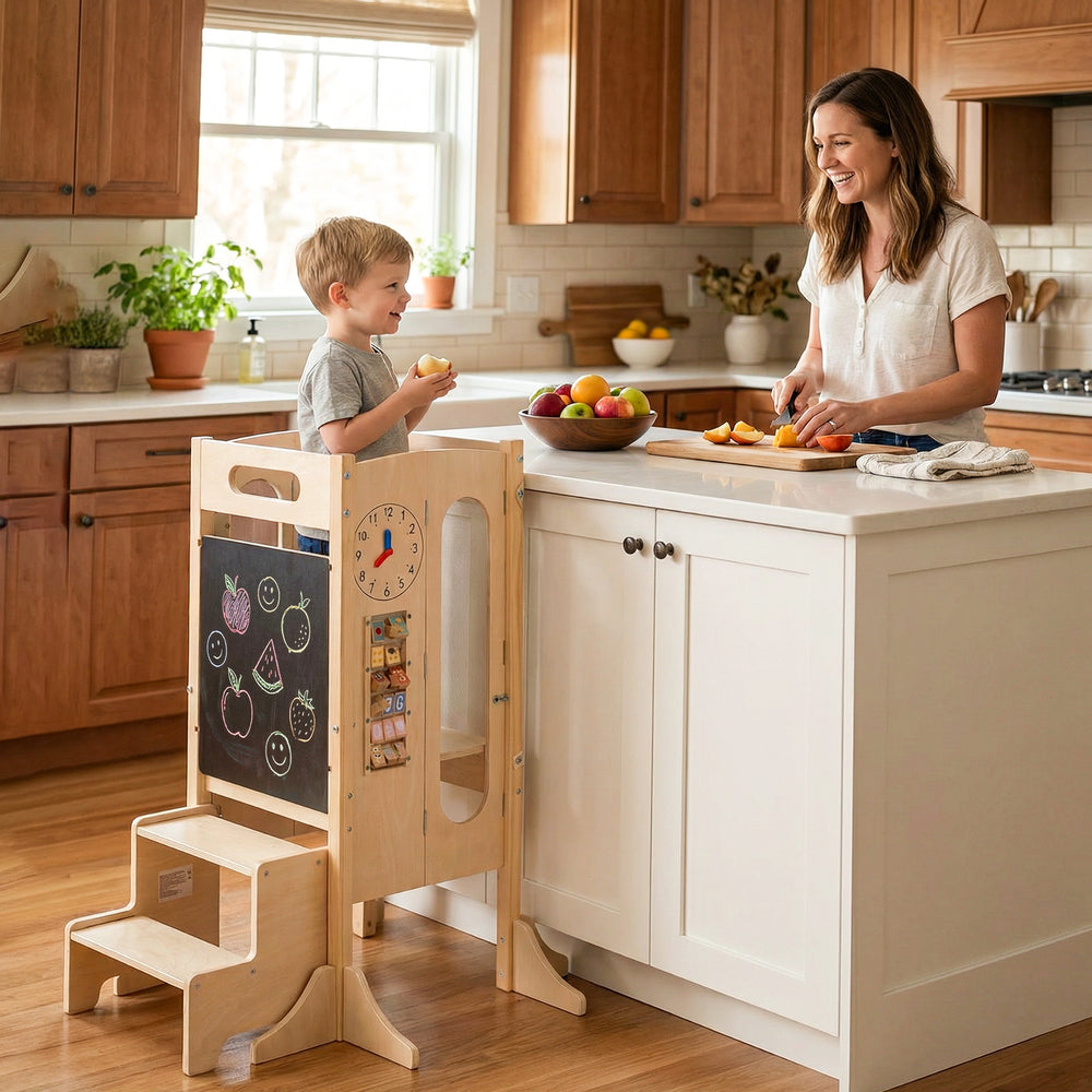 Foldable toddler tower with 2-step stool, sturdy wooden frame, and safety net for kids in a kitchen setting.