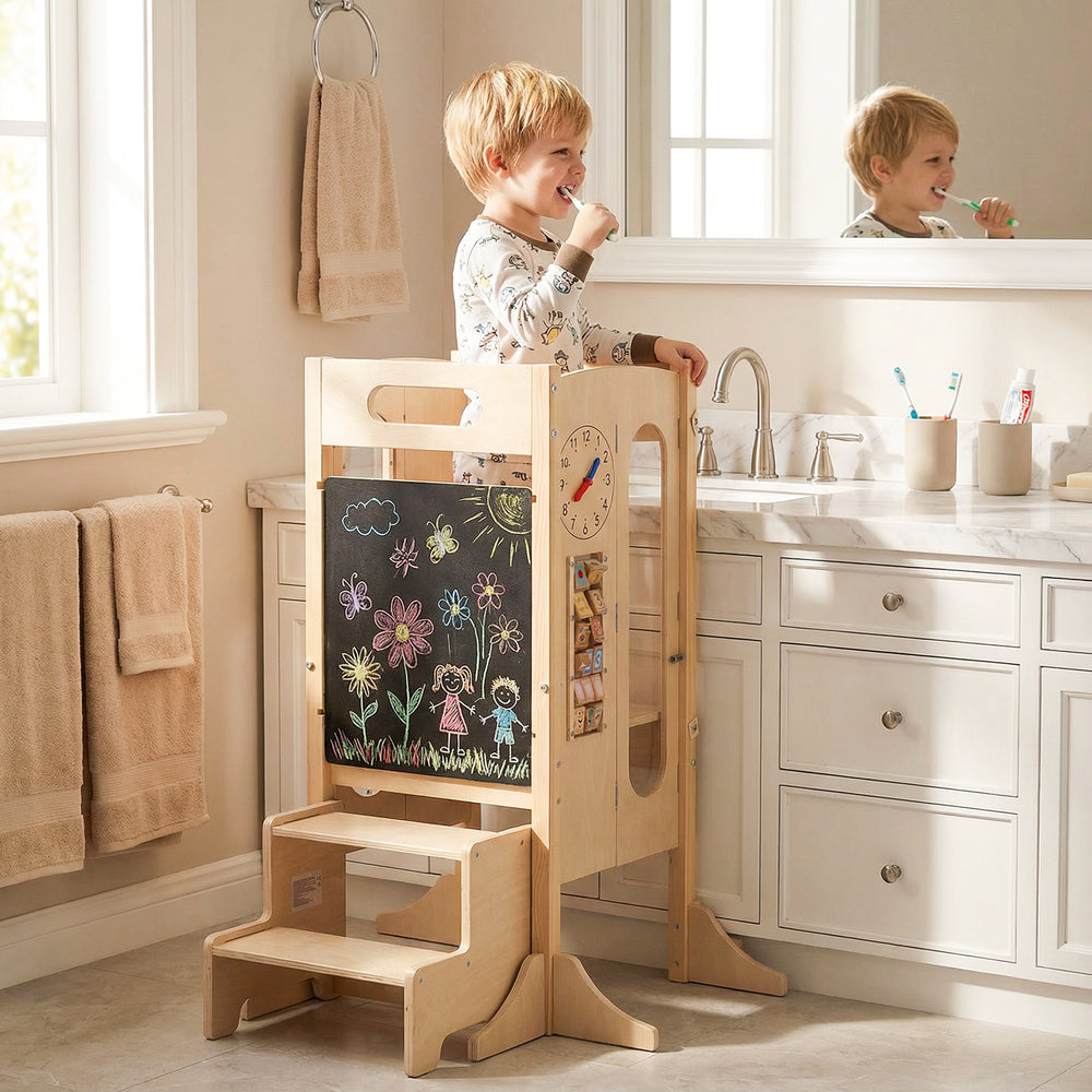 Toddler using the foldable wooden tower with 2-step stool and safety net for brushing teeth in a bathroom setting.