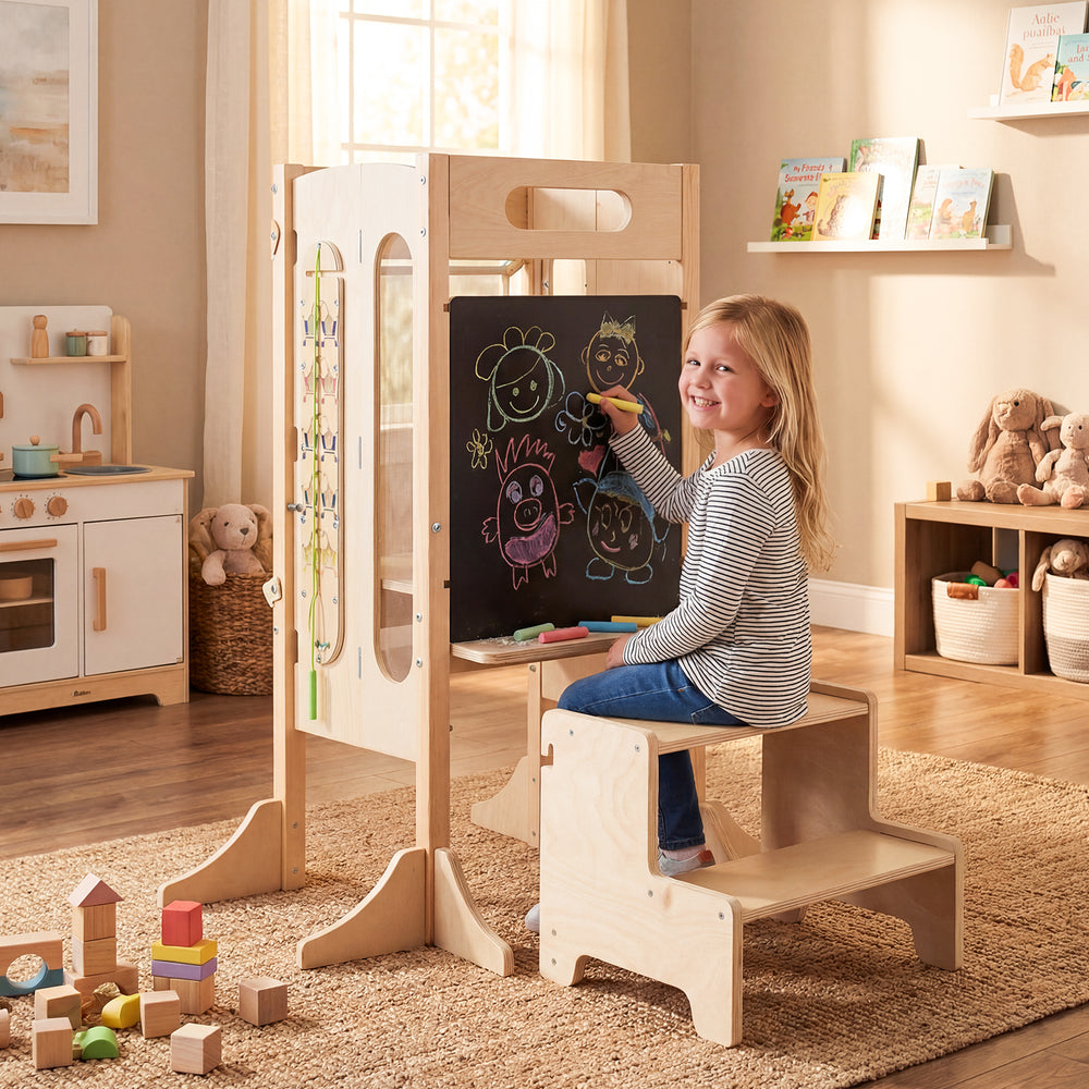 Foldable toddler tower with 2-step stool, sturdy wooden frame, and safety net for creative learning and play.
