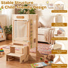 Foldable toddler tower with 2-step stool, safety net, and sturdy wooden frame for child-friendly use and learning.