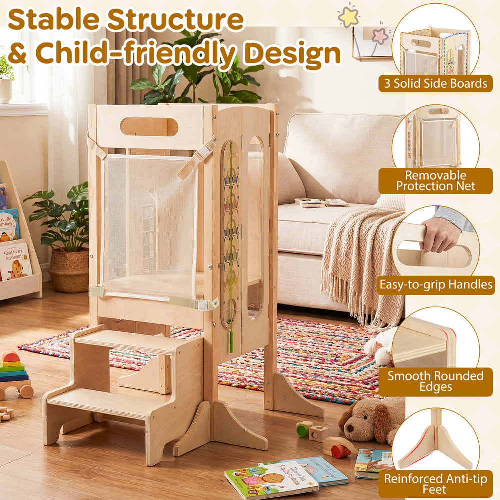 Foldable toddler tower with 2-step stool, safety net, and sturdy wooden frame for child-friendly use and learning.