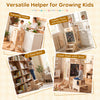 Foldable toddler tower with 2-step stool, safety net, and sturdy wooden frame for versatile use and child-friendly.