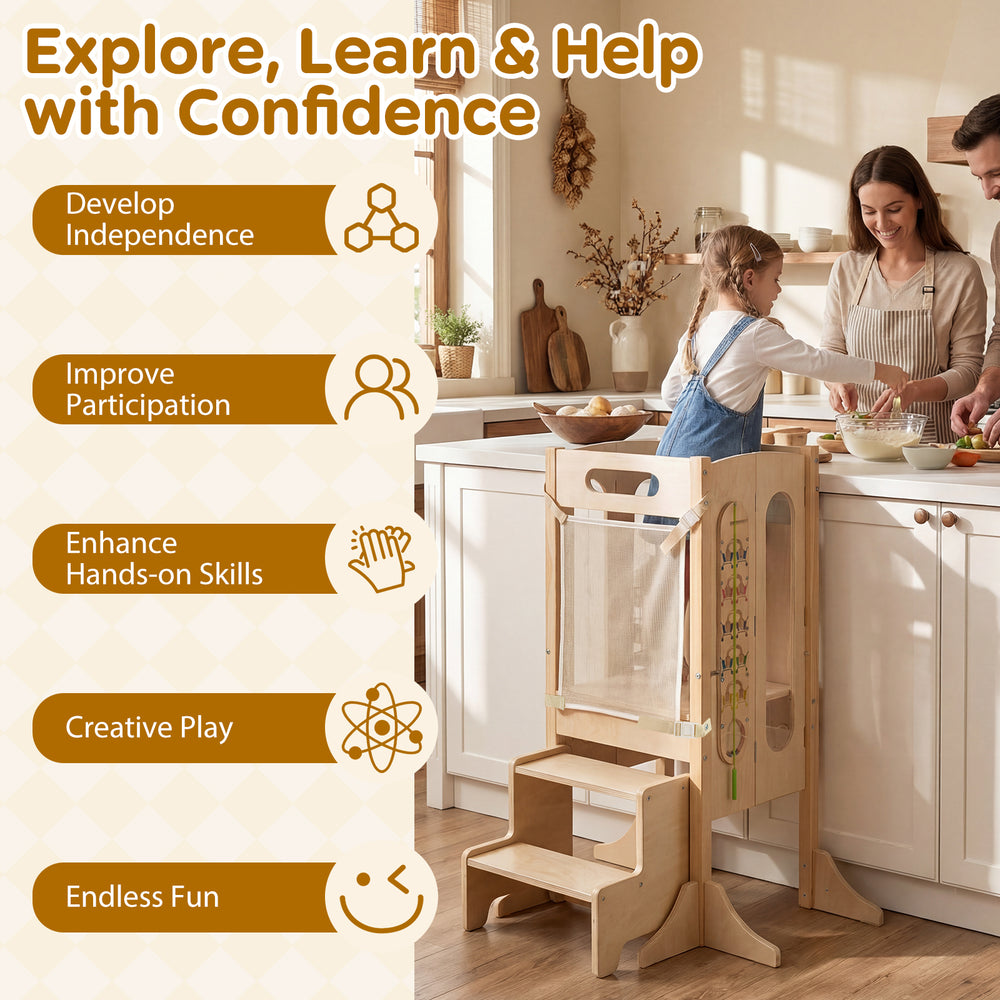 Foldable toddler tower with 2-step stool and safety net, designed for safety and independence in Montessori-inspired.