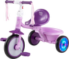 Foldable purple toddler tricycle with lighting wheels, adjustable seat, and rear basket for fun outdoor rides.