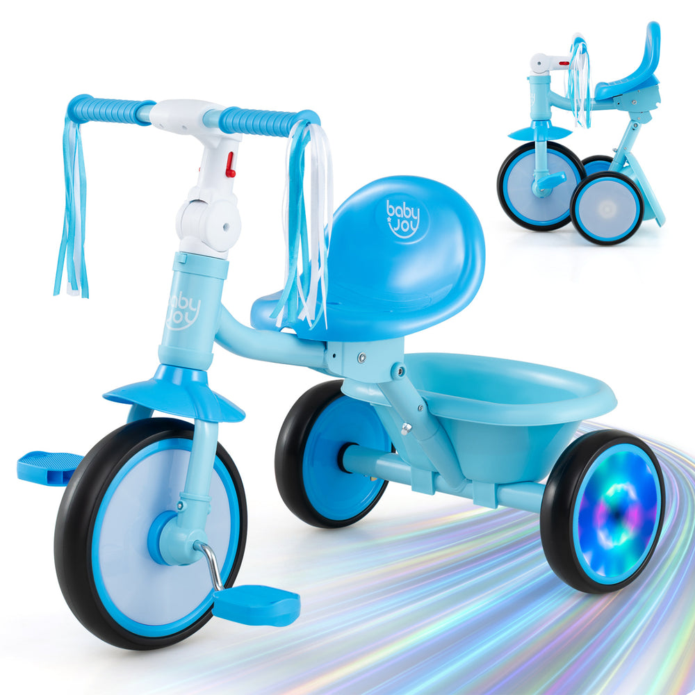 Foldable Toddler Tricycle with Lighting Wheels and Basket for 2-5 Year Old-Blue - Gallery View 1 of 11