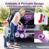 Foldable purple toddler tricycle with lighting wheels and rear basket, designed for kids aged 2-5 years for easy storage.
