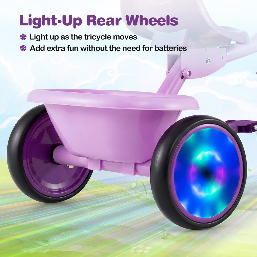 Light-up rear wheels of the purple foldable toddler tricycle enhance fun during rides while promoting balance and coordination.