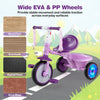 Foldable purple toddler tricycle with lighting wheels, adjustable seat, and rear basket for outdoor fun and stability.