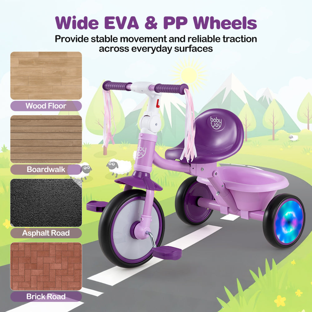 Foldable purple toddler tricycle with lighting wheels, adjustable seat, and rear basket for outdoor fun and stability.