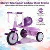 Foldable purple toddler tricycle with a sturdy carbon steel frame, lighting wheels, and a rear basket for outdoor fun.