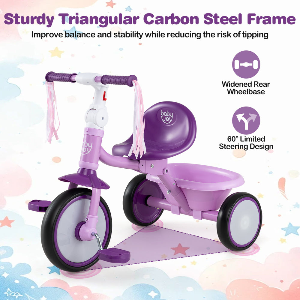 Foldable purple toddler tricycle with a sturdy carbon steel frame, lighting wheels, and a rear basket for outdoor fun.