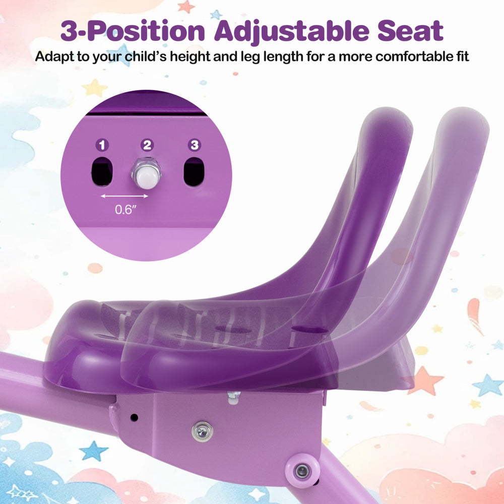 3-position adjustable seat of the purple foldable toddler tricycle for ages 2-5 enhances comfort as kids grow.