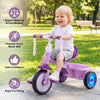 Foldable purple toddler tricycle with lighting wheels, adjustable seat, and rear basket for fun outdoor riding.