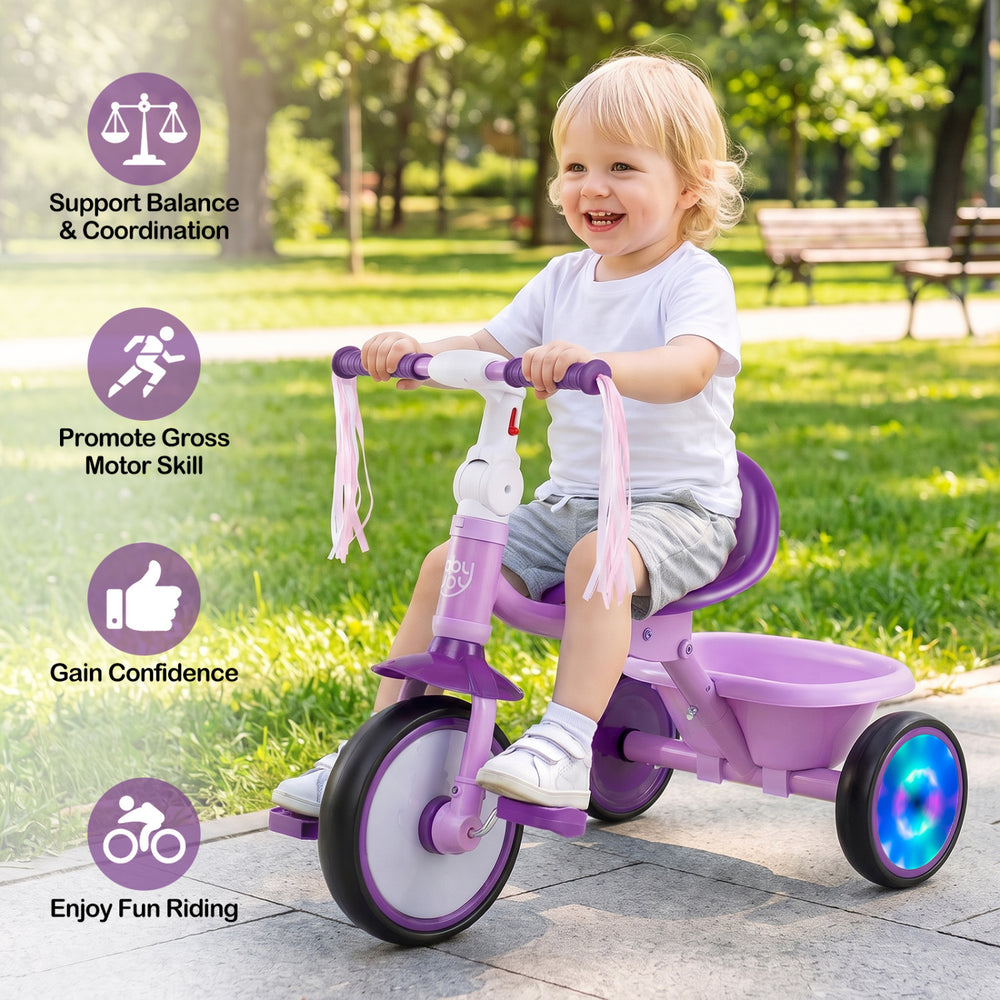 Foldable purple toddler tricycle with lighting wheels, adjustable seat, and rear basket for fun outdoor riding.