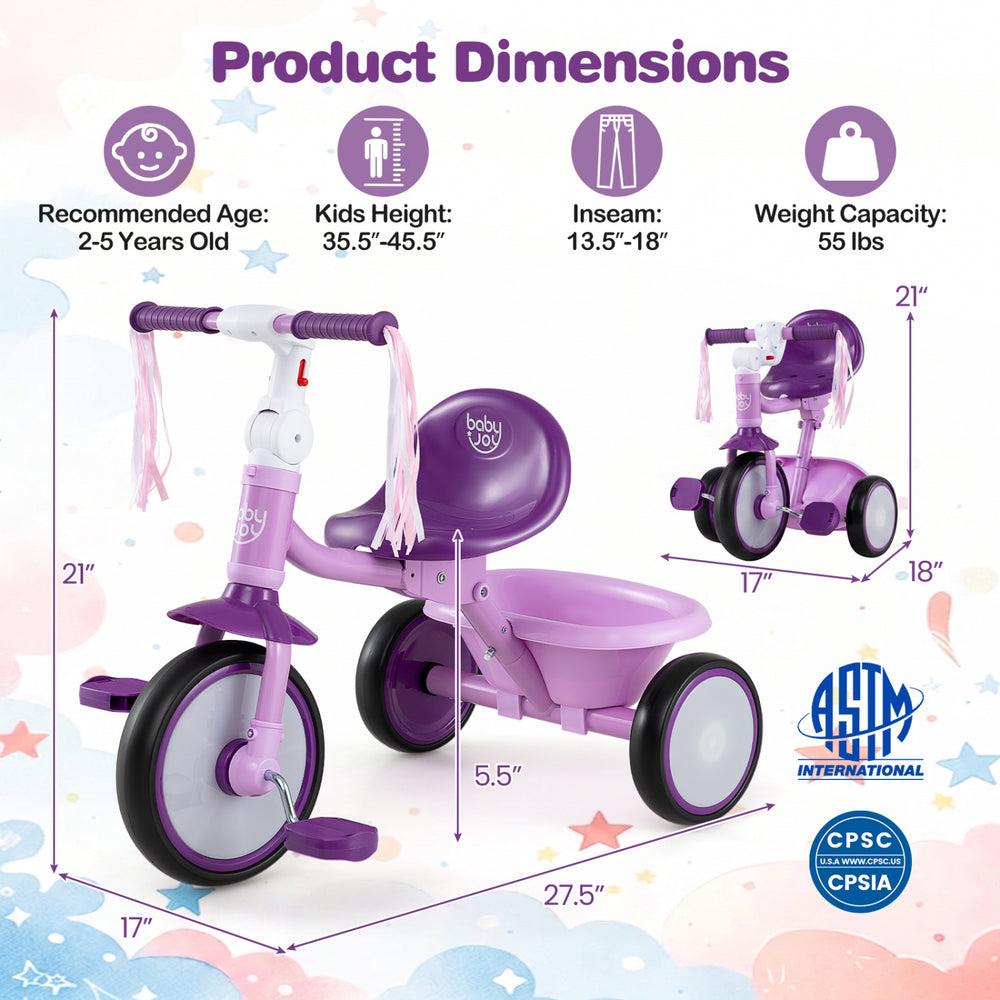 Dimensions chart for the foldable purple toddler tricycle, showing recommended age, height, inseam, and weight capacity.