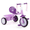 Foldable purple toddler tricycle with lighting wheels, adjustable seat, and rear basket for kids aged 2-5 years.