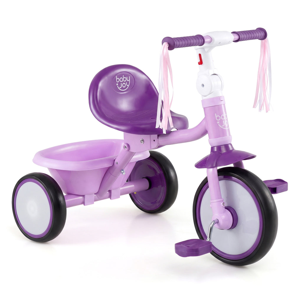 Foldable purple toddler tricycle with lighting wheels, adjustable seat, and rear basket for kids aged 2-5 years.