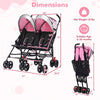Foldable twin baby double stroller in pink with adjustable backrest, ventilated canopy, and 360-degree swivel wheels.