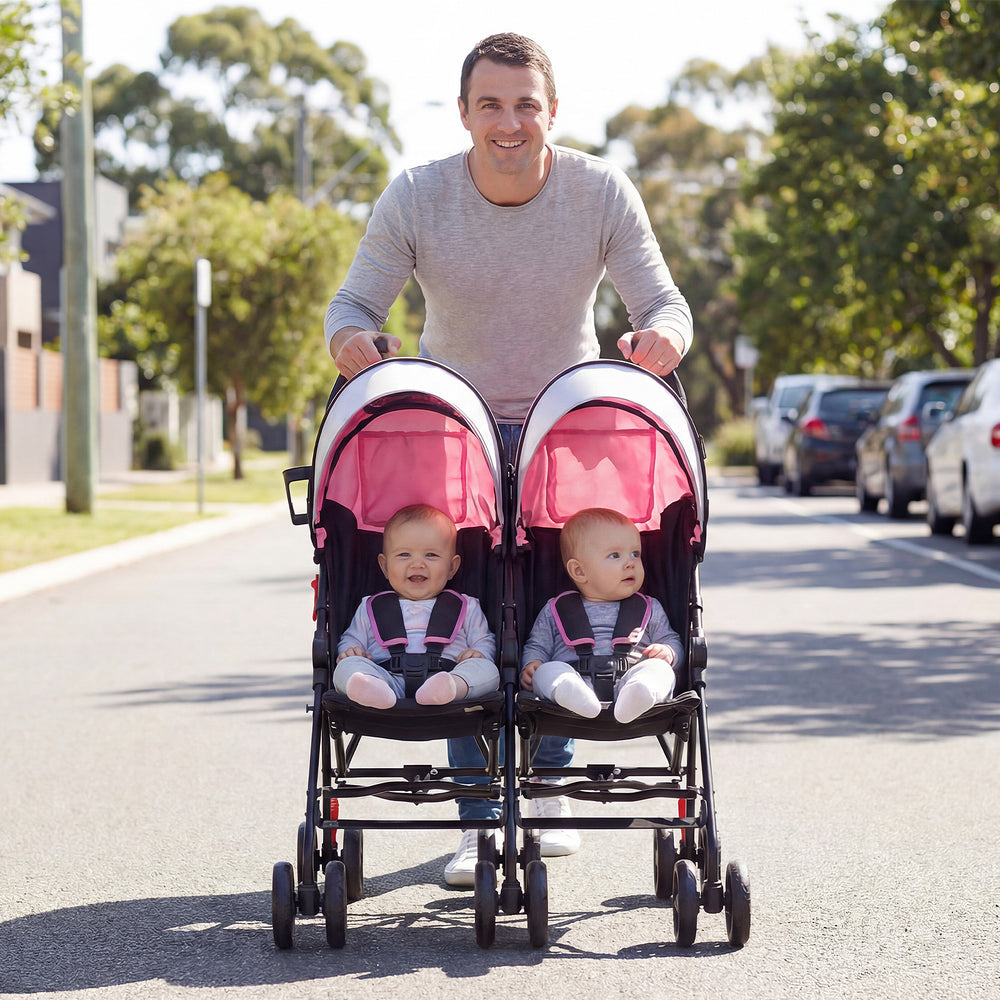 Foldable Twin Baby Double Stroller Ultralight Umbrella Kids Stroller-Pink