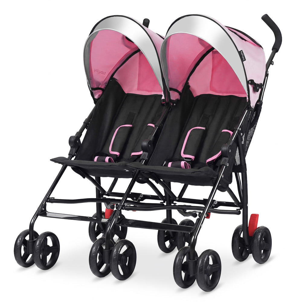 Side view of the pink foldable twin baby double stroller with adjustable backrests and ventilated canopies for travel.