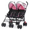 Side view of the pink foldable twin baby double stroller with adjustable backrests and ventilated canopies for travel.