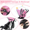 Adjustable pink canopy and backrest of the foldable twin baby stroller for customized comfort and UV protection.