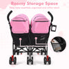 Foldable twin baby double stroller in pink with roomy storage space, ideal for travel with two kids or twins.
