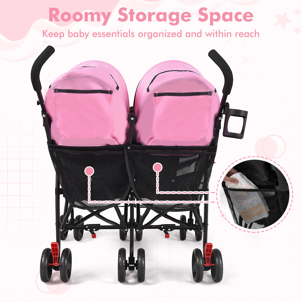 Foldable twin baby double stroller in pink with roomy storage space, ideal for travel with two kids or twins.