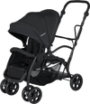 Foldable twin tandem stroller in black with adjustable handlebar, reclining seat, and ample storage for kids'.