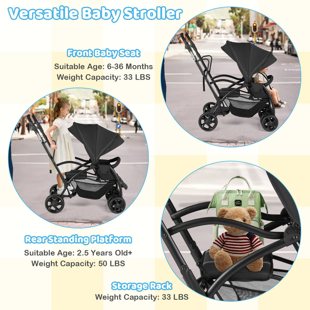 Foldable twin tandem stroller in black with adjustable handlebar, suitable for kids 6 months to 2.5 years, featuring.