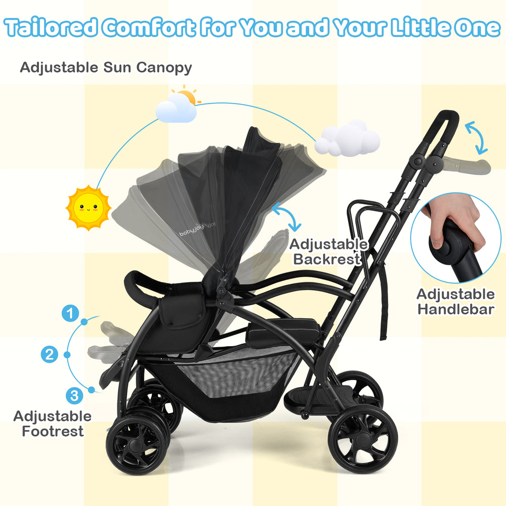 Foldable twin tandem stroller in black with adjustable handlebar, footrest, and sun canopy for versatile comfort.
