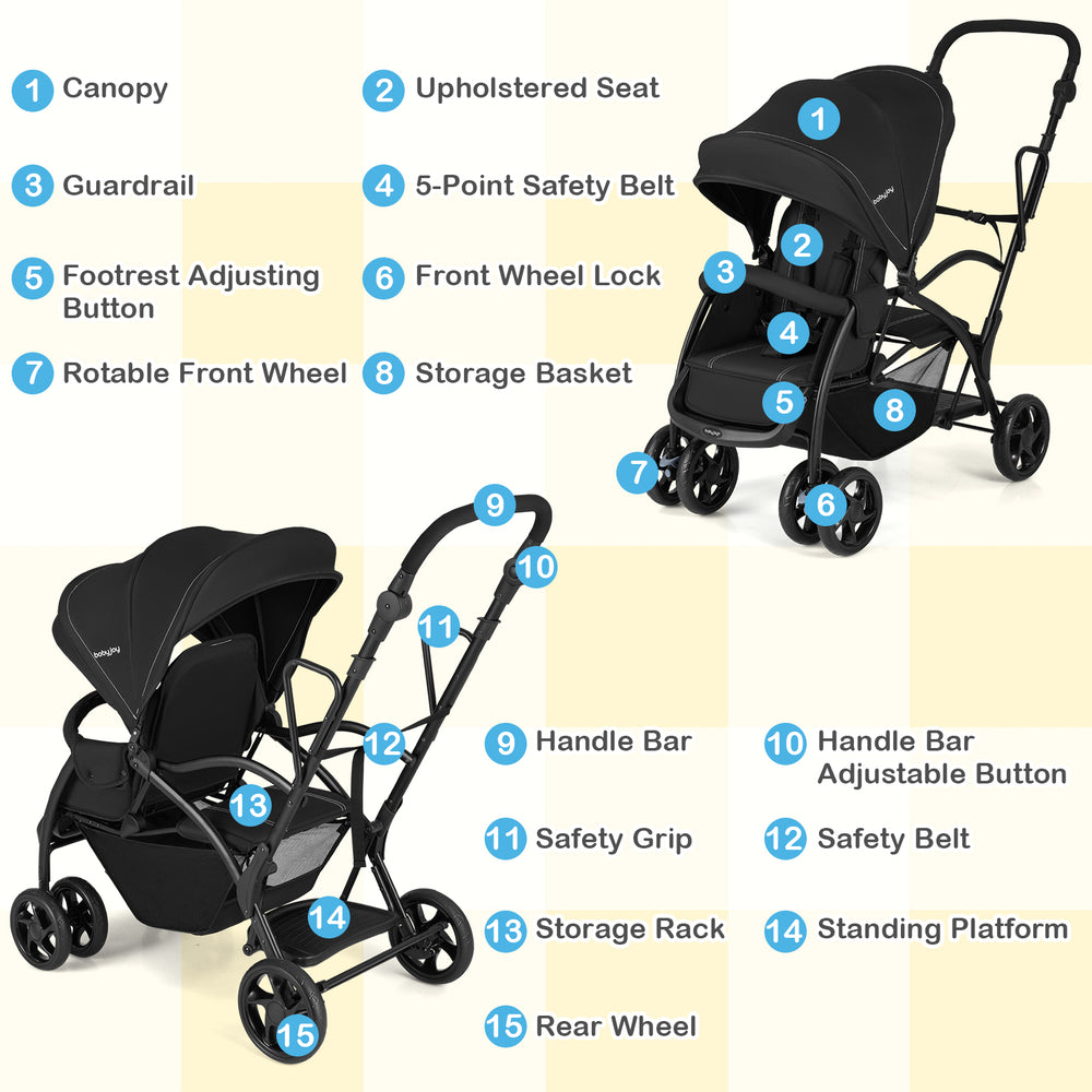 Foldable twin tandem stroller in black with adjustable handlebar, 2-in-1 design, and ample storage for convenience.