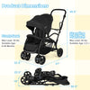 Foldable twin tandem stroller in black with adjustable handlebar and one-button folding mechanism for easy storage.