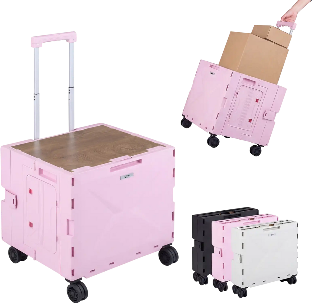 Foldable pink utility cart with wheels, cup holder, and adjustable handle for convenient storage and transport.