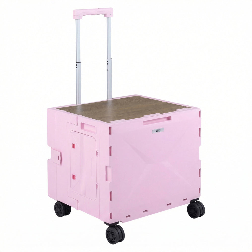 Foldable pink utility cart with adjustable handle, large storage, and cup holder, ideal for shopping and daily.