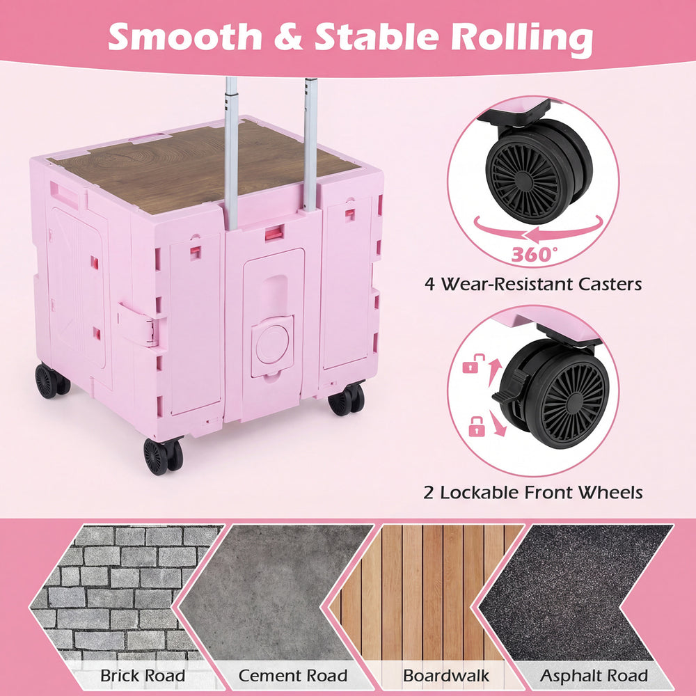 Foldable utility cart in pink with 4 rotating wheels, cup holder, and adjustable handle for easy transport and storage.