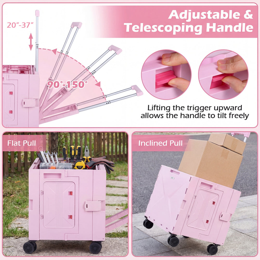 Foldable pink utility cart with adjustable telescoping handle, large storage space, and cup holder for versatile use.