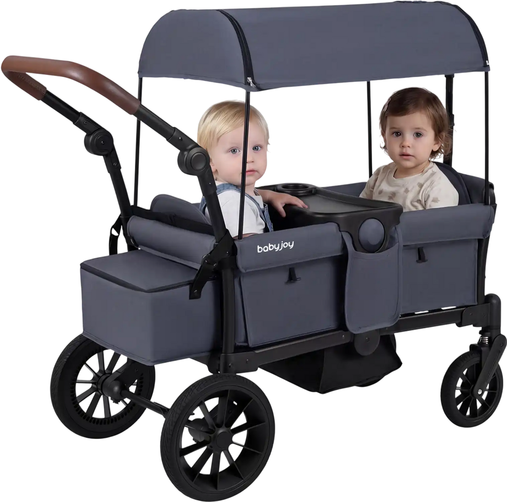 Foldable gray wagon stroller for 2 kids with removable canopy, adjustable handles, and large storage bag for outings.
