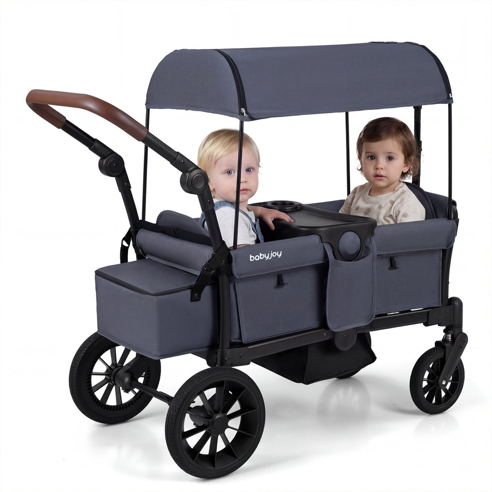 Foldable Wagon Stroller for 2 Kids Double Seater Toddler Stroller with Removable Canopy-Gray - Gallery View 1 of 10