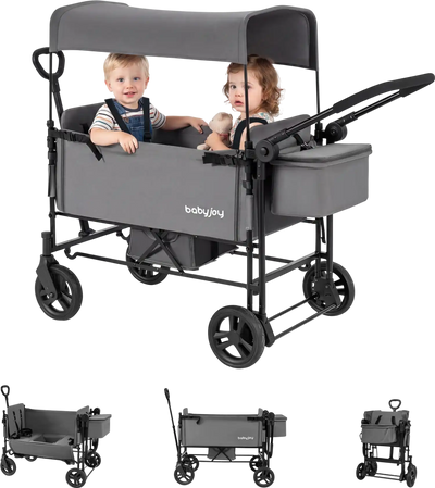 Costway Foldable 2-Kid Wagon Stroller w/ Removable Canopy Adjustable Handle 92167352 New