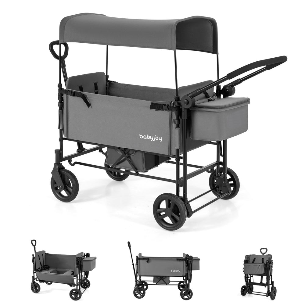 Gray foldable wagon stroller for 2 kids, featuring padded back support and drop-down footwell for added comfort.
