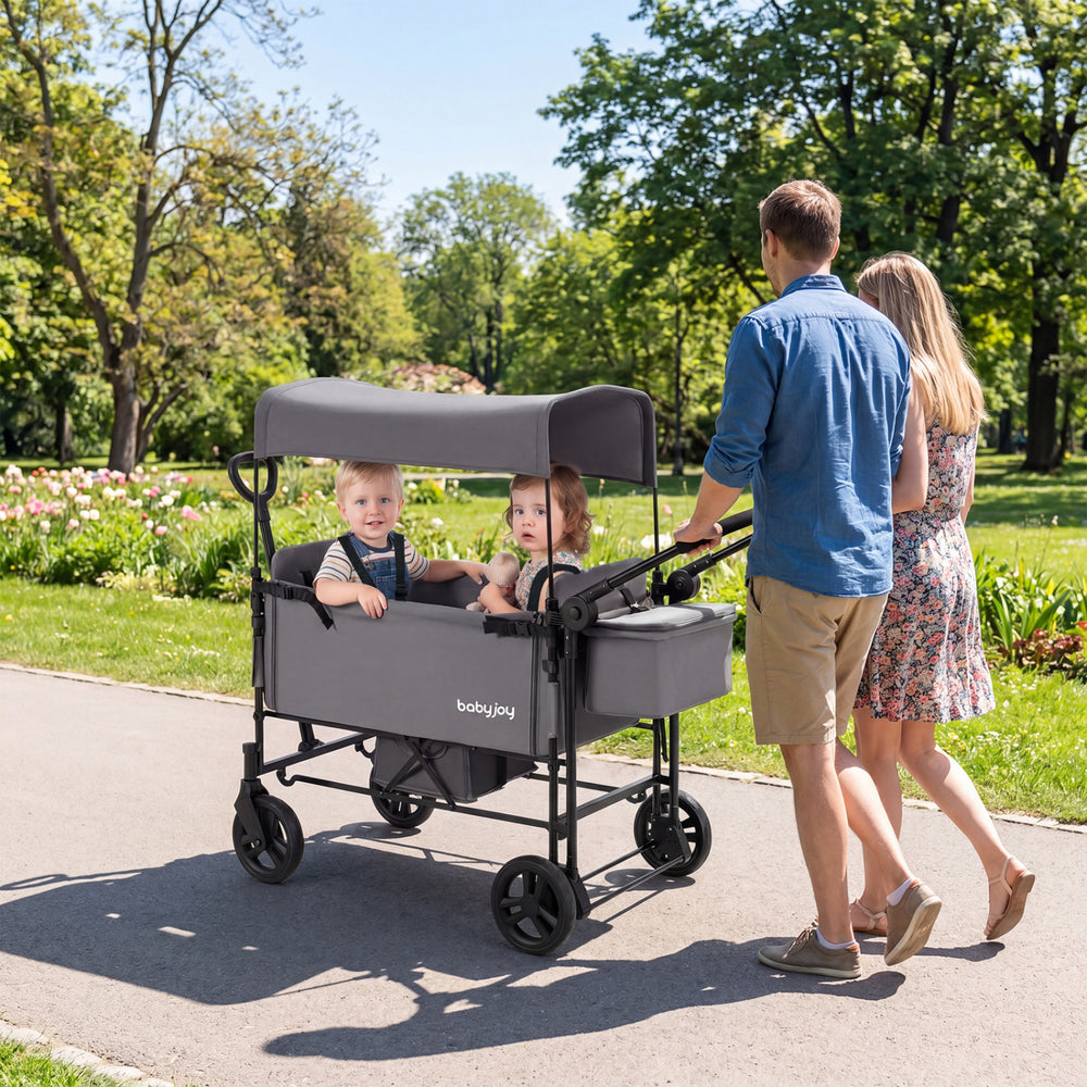 Foldable Wagon Stroller for 2 Kids with Removable Canopy and Adjustable Push Handle-Gray - Gallery View 1 of 11