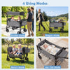 Foldable wagon stroller for 2 kids in gray, showcasing stroller, wagon, bench, and lay-flat modes in outdoor settings.