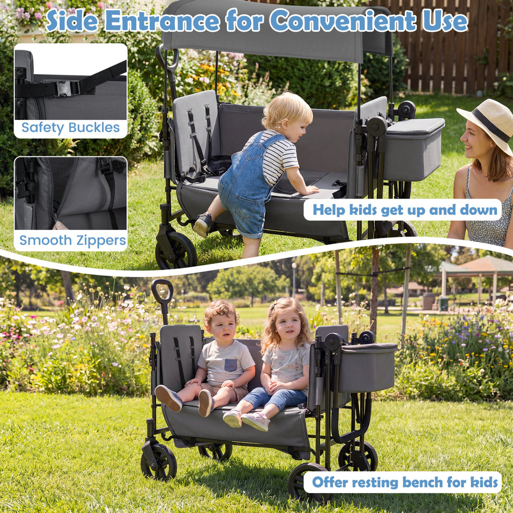 Foldable wagon stroller for 2 kids in gray, featuring a side entrance and safety buckles for easy access and security.